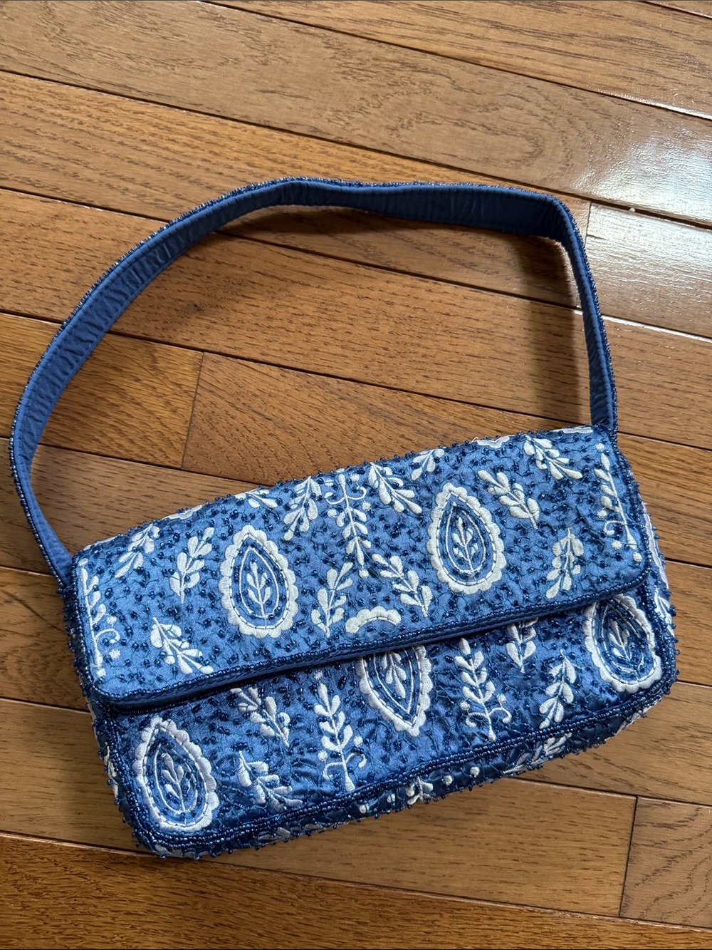 Primark Blue and White Paisley Leaf Embroidered viral Beaded Purse